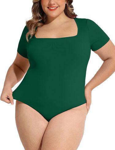 FOREYOND Plus Size Bodysuits for Women Short Sleeves Square Neck Body Suit Tops Casual Basic Slim Fit Shirts Leotards in Kuwait