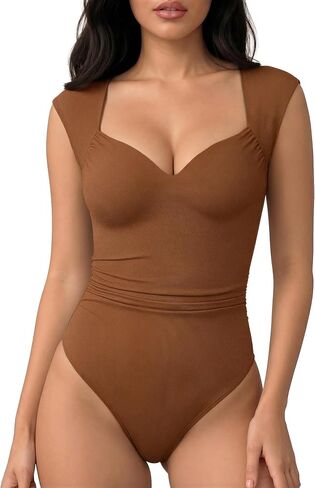 MANGOPOP Women's Sweetheart Neck Sleeveless Thong Bodysuit Sexy Mesh Ruched Double Lined Tank Top Body Suits Going Out Tops in Kuwait
