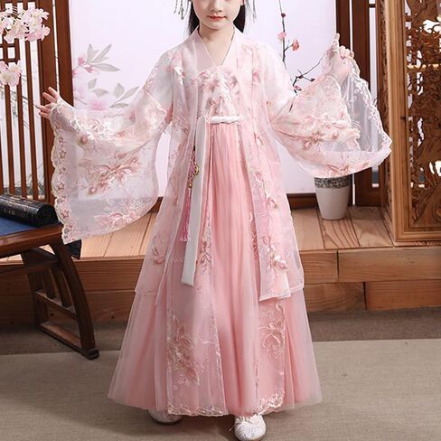 Girls Ancient Hanfu Dress Chinese Traditional Chiffon Long Sleeve Embroidered Stage Performance Outfit Pink in Saudi Arabia