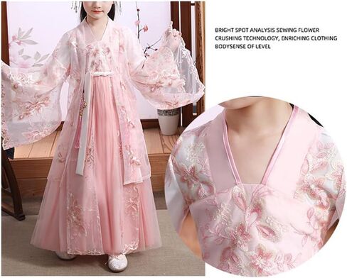 Girls Ancient Hanfu Dress Chinese Traditional Chiffon Long Sleeve Embroidered Stage Performance Outfit Pink in Saudi Arabia