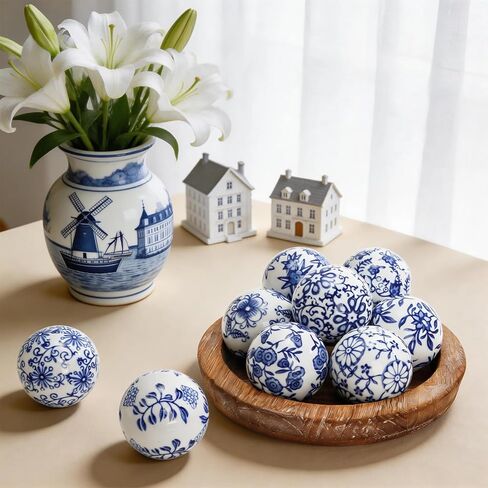 Tebery 9 Pcs Blue and White Porcelain Balls, Ceramic Bowl Filler for Home, Decorative Balls for Centerpiece Bowls, Ideal for Home, Wedding, Party Supplies, Basket, Table in Kuwait