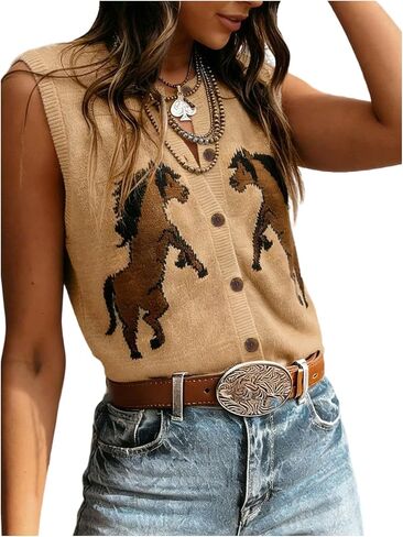 GORGLITTER Women's Western Horse Sweater Vest Tops V Neck Sleeveless Button Down Sweaters Cowgirl Outfits in Kuwait