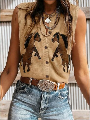 GORGLITTER Women's Western Horse Sweater Vest Tops V Neck Sleeveless Button Down Sweaters Cowgirl Outfits in Kuwait