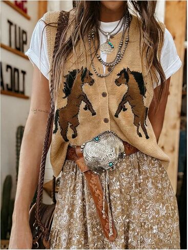 GORGLITTER Women's Western Horse Sweater Vest Tops V Neck Sleeveless Button Down Sweaters Cowgirl Outfits in Kuwait