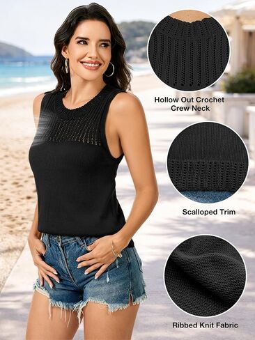 المرأة متماسكة تانك القمم الجوف خارج الكروشيه الأعلى Crewneck أكمام خفيفة الوزن سترة سترة الصيف ملابس غير رسمية in Kuwait
