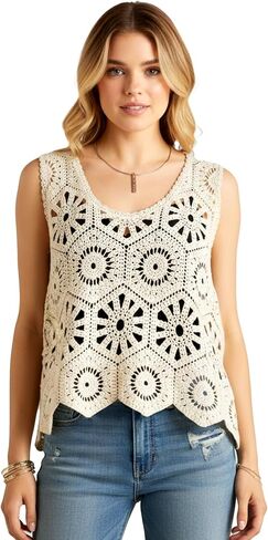 Women Boho Cotton Crochet Sweater Vest Floral Lace Sleeveless Summer Beach Cover Up Knit Tank Top in Kuwait