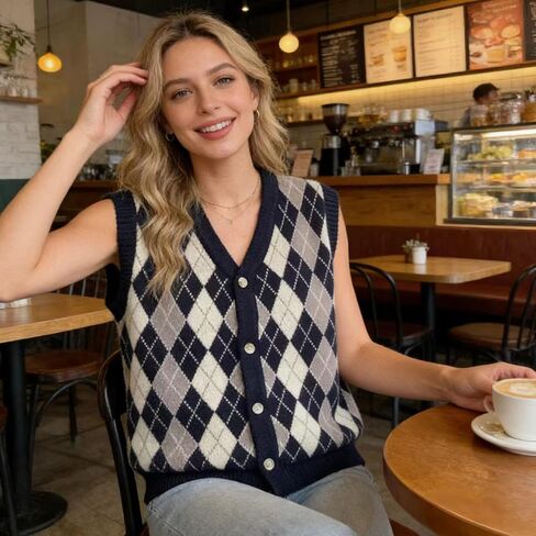 سترة نسائية منسوجة من Argyle سترة برقبة على شكل حرف V وأزرار أمامية بدون أكمام ومقاس عادي سترة طبقات من Preppy باللون الأزرق الداكن والكريمي in Kuwait
