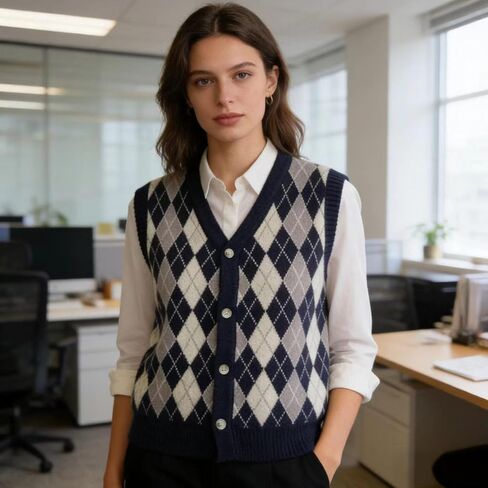 سترة نسائية منسوجة من Argyle سترة برقبة على شكل حرف V وأزرار أمامية بدون أكمام ومقاس عادي سترة طبقات من Preppy باللون الأزرق الداكن والكريمي in Kuwait