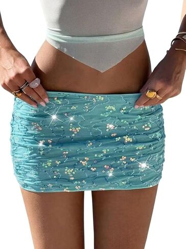 Just Quella Women's Foral Shiny Sequin Stretch Glitter Bodycon Mini Skirt Sexy Sparkly Beach Cover Ups in Saudi Arabia