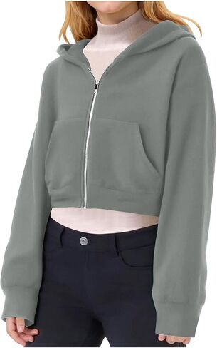 Girls Cropped Zip Up Hoodie Long Sleeve Y2K Hooded Sweatshirt Drop Shoulder Casual Pockets Solid Color Crop Jackets in Kuwait
