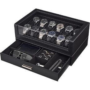 ProCase Watch Box for Men, 12 Slots Watch Display Holder with Clear Acrylic Top, Large Capacity PU Leather Case with Drawer Organizer, Jewelry Storage, Ideal Fathers Day Gift for Dad -Brown in Kuwait
