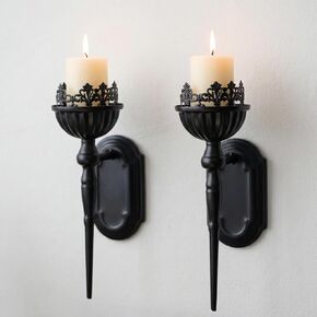 Wall Sconce Candle Holder Set of 2, Black Wall-Mounted Metal Candle Holders, Gothic Crown and Scepter Design Hanging Iron Candle Sconce Stand for Living Room Home Decoration in Saudi Arabia