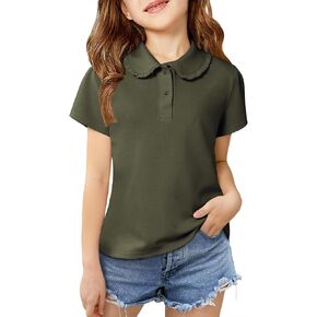 Girls Ruffle Peter Pan Collar Polo Shirt Kids School Uniform Tops Short Sleeve Tshirts in Saudi Arabia