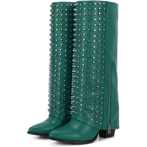 Studded Knee-High Shark Boots for Women – Rivet Punk Rock Leather Boots, Pointed Toe, Wedge Heel in Saudi Arabia
