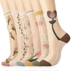 Womens Sheer Socks, 5/6 Pairs Floral Mesh Lace Socks with Designs Summer Transparent Thin Jacquard Ruffle Sock in Kuwait