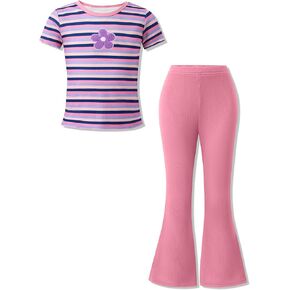 Girls 2-Piece Outfits Short Sleeve Striped Top & Flared Pants Kids Summer Clothing Set Size 5-10 Years in Saudi Arabia