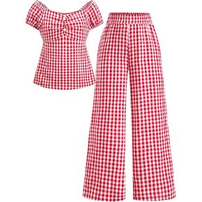 Summer Clothes for Girls 2 Piece Outfits Puff Sleeve Smocked Top Wide Leg Pants Red Gingham Clothing Sets Size 8-12 in Saudi Arabia