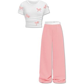 Girls Clothes Bow Short Sleeve T-shirts Top with Wide Leg Pants Set Casual Summer Clothes for Girls 7-16 Years in Saudi Arabia