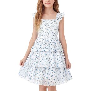Cubear Girls Summer Floral Dress with Tiered Ruffle Skirt and Flutter Sleeves - Summer Smocked Sundress for Girls 9-13 Years in Saudi Arabia