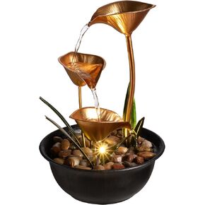 Tabletop Water Fountain Indoor, 10.6" Tiered Bowl Desktop Fountain with LED Light, Modern Zen Metal Waterfall Fountain for Office Desk, Home Office, Bedroom & Living Room Decor, Gold in Saudi Arabia