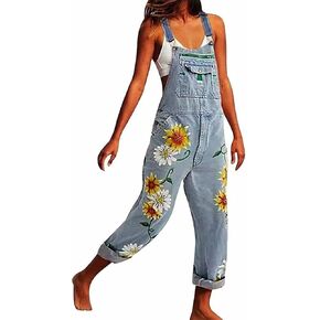 Adolshion Women's Flower Print Stretch Jeans Long Denim Bib Overalls Cute Sunflowers Denim Strap Jumpsuits in Saudi Arabia