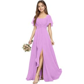 Square Neck Junior Bridesmaid Dresses Pleated Chiffon Flower Girl Dresses for Wedding A-Line Slit Teen Formal Dress in Saudi Arabia