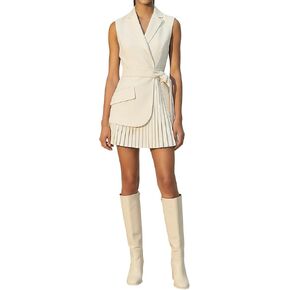 Women's Belt Blazer Dress Lapel Notch Neck Sleeveless Elegant Vest Pleated Mini Dress Summer Business Matching Suits in Saudi Arabia