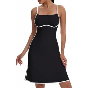 Womens Tennis Dress Black & White A-Line Athletic Dress with Built-in Shorts, Removable Padding & Side Pocket in Kuwait