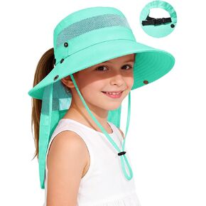 Century Star Kids Sun Hat with Ponytail Hole & Detachable Neck Flap UPF50+ Quick Dry Girls Bucket Hat for Outdoor Beach in Kuwait