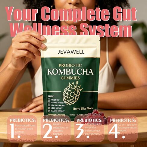 Jevawell Kombucha Gummies - Joint SupportPrebiotics, Probiotics & Postbiotics, Digestive & Gut Health Support - Berry Flavor - 60 Gummies in Saudi Arabia