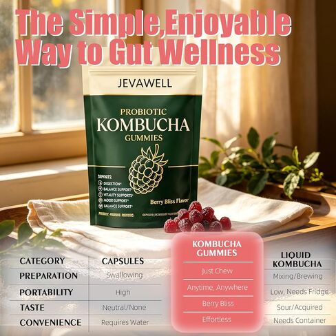 Jevawell Kombucha Gummies - Joint SupportPrebiotics, Probiotics & Postbiotics, Digestive & Gut Health Support - Berry Flavor - 60 Gummies in Saudi Arabia