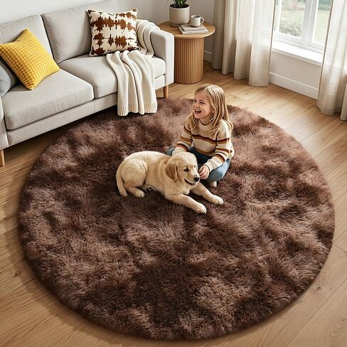 Round Rug for Bedroom, 4x4 Area Rug for Living Room, Fluffy Carpet for Kids Nursery Dorm Room, Soft Shag Non Slip Floor Rugs, Home Décor Carpet, Machine Washable, Tie-Dyed Coffee in Saudi Arabia