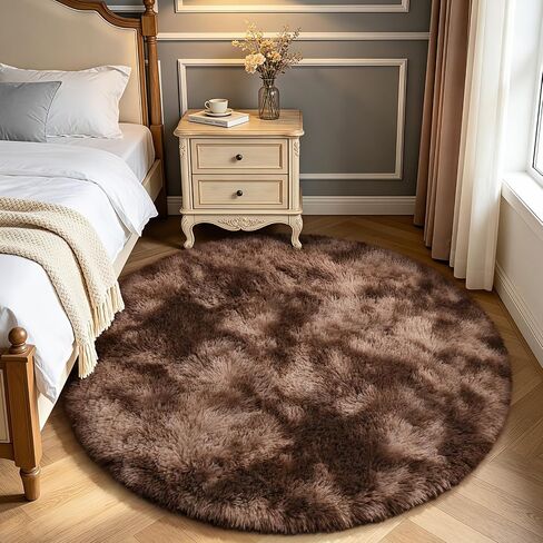 Round Rug for Bedroom, 4x4 Area Rug for Living Room, Fluffy Carpet for Kids Nursery Dorm Room, Soft Shag Non Slip Floor Rugs, Home Décor Carpet, Machine Washable, Tie-Dyed Coffee in Saudi Arabia
