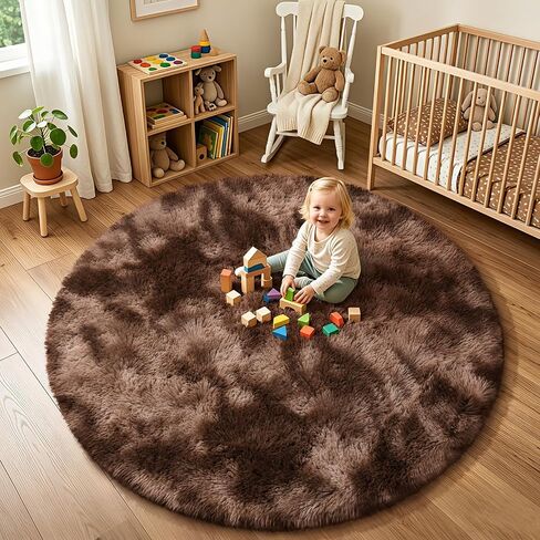Round Rug for Bedroom, 4x4 Area Rug for Living Room, Fluffy Carpet for Kids Nursery Dorm Room, Soft Shag Non Slip Floor Rugs, Home Décor Carpet, Machine Washable, Tie-Dyed Coffee in Saudi Arabia