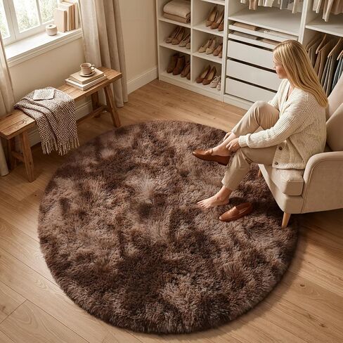 Round Rug for Bedroom, 4x4 Area Rug for Living Room, Fluffy Carpet for Kids Nursery Dorm Room, Soft Shag Non Slip Floor Rugs, Home Décor Carpet, Machine Washable, Tie-Dyed Coffee in Saudi Arabia