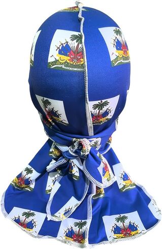 Haiti Flag Blue Durag for Men Women, Long-Tail Headwrap with Tie-Down Design, Hip Hop Head Cover for Festival, Streetwear, and Daily Style in Saudi Arabia
