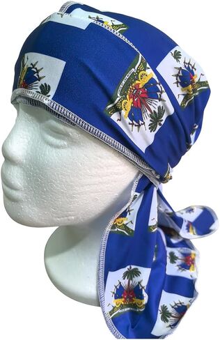 Haiti Flag Blue Durag for Men Women, Long-Tail Headwrap with Tie-Down Design, Hip Hop Head Cover for Festival, Streetwear, and Daily Style in Saudi Arabia