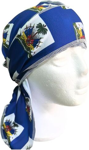 Haiti Flag Blue Durag for Men Women, Long-Tail Headwrap with Tie-Down Design, Hip Hop Head Cover for Festival, Streetwear, and Daily Style in Saudi Arabia