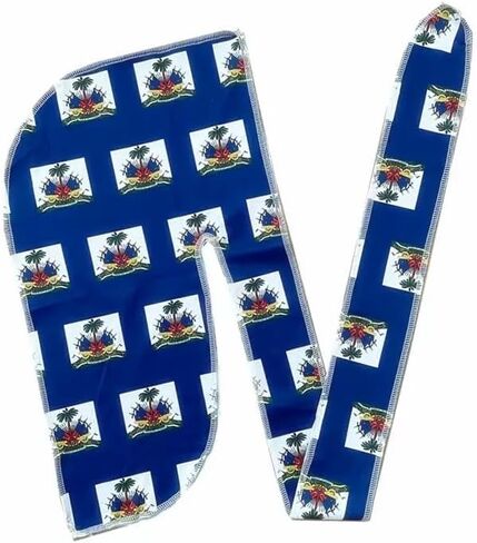Haiti Flag Blue Durag for Men Women, Long-Tail Headwrap with Tie-Down Design, Hip Hop Head Cover for Festival, Streetwear, and Daily Style in Saudi Arabia