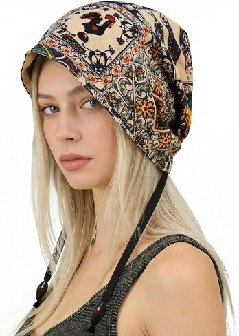 Women's Vintage Bonnet Hat,Patchwork Graffiti Print Cotton Slouchy Beanie with Ties, Cottagecore Gardening Headwrap in Saudi Arabia