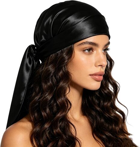 Eohak النساء الرجال حريري الساتان Durag رئيس التفاف Durag اضافية طويلة ذيول لينة السلس القراصنة عمامة الحجاب in Kuwait