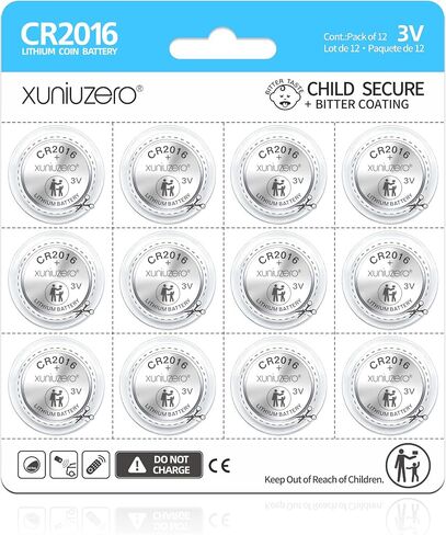 CR2016 3v Coin battery12 Pack for Child Safety, Compatible with Remotes, Key Fobs, Glucose Monitors - 7 Years Shelf Life in Kuwait