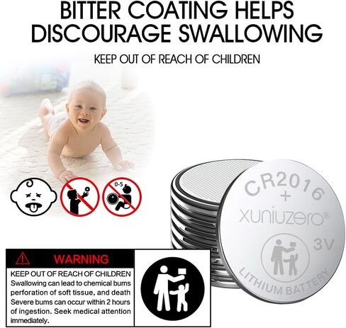 CR2016 3v Coin battery12 Pack for Child Safety, Compatible with Remotes, Key Fobs, Glucose Monitors - 7 Years Shelf Life in Kuwait
