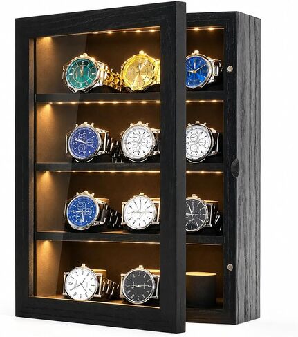 Watch Cases for Men 12-Slot Watch Display Case with LED Wooden Wall Mount Watch Display 4 Layers Watch Storage Box with Acrylic Magnetic Door & Velvet Lining Gift for Men in Saudi Arabia