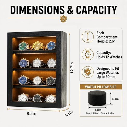 Watch Cases for Men 12-Slot Watch Display Case with LED Wooden Wall Mount Watch Display 4 Layers Watch Storage Box with Acrylic Magnetic Door & Velvet Lining Gift for Men in Saudi Arabia