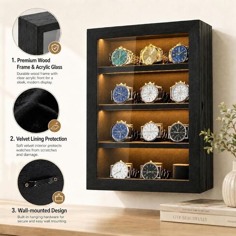 Watch Cases for Men 12-Slot Watch Display Case with LED Wooden Wall Mount Watch Display 4 Layers Watch Storage Box with Acrylic Magnetic Door & Velvet Lining Gift for Men in Saudi Arabia