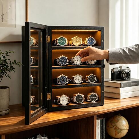 Watch Cases for Men 12-Slot Watch Display Case with LED Wooden Wall Mount Watch Display 4 Layers Watch Storage Box with Acrylic Magnetic Door & Velvet Lining Gift for Men in Saudi Arabia