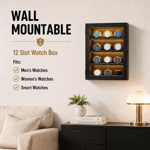 Watch Cases for Men 12-Slot Watch Display Case with LED Wooden Wall Mount Watch Display 4 Layers Watch Storage Box with Acrylic Magnetic Door & Velvet Lining Gift for Men in Saudi Arabia