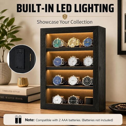 Watch Cases for Men 12-Slot Watch Display Case with LED Wooden Wall Mount Watch Display 4 Layers Watch Storage Box with Acrylic Magnetic Door & Velvet Lining Gift for Men in Saudi Arabia