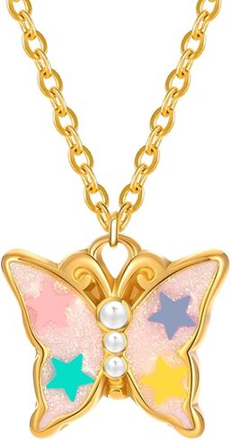 Girls Necklace for Kids Toddler - 18K Gold Plated 316L Stainless Steel Jewelry with Butterfly, Heart, Cat, Bowknot & Sunflower Pendants, Iridescent Birthday Gifts for Daughter Granddaughter in Saudi Arabia